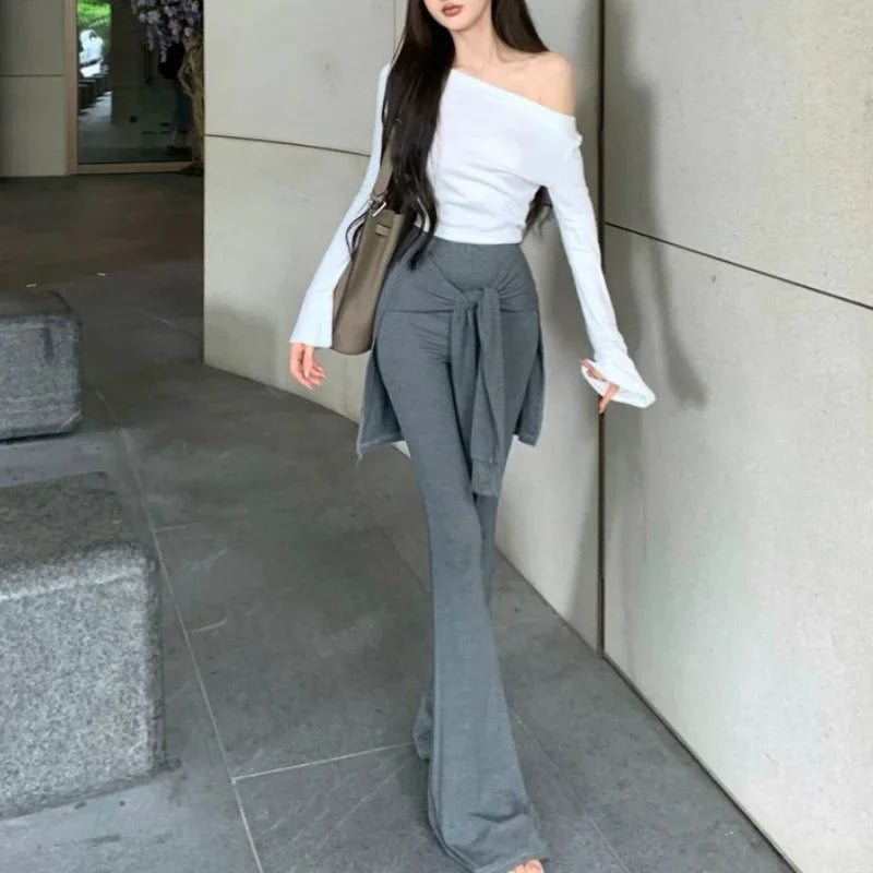 Autumn New Skew Collar Strapless Casual Long Sleeve Tshirt Women + Pleated Laceup Sexy Slim Wide Leg Pants Twopiece Suit