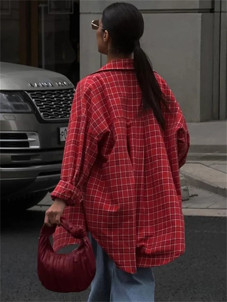 Casual Loose Lapel Shirts Coat For Women Fashion Patchwork Vintage Cardigan Autumn High Street Baggy Female Blouse