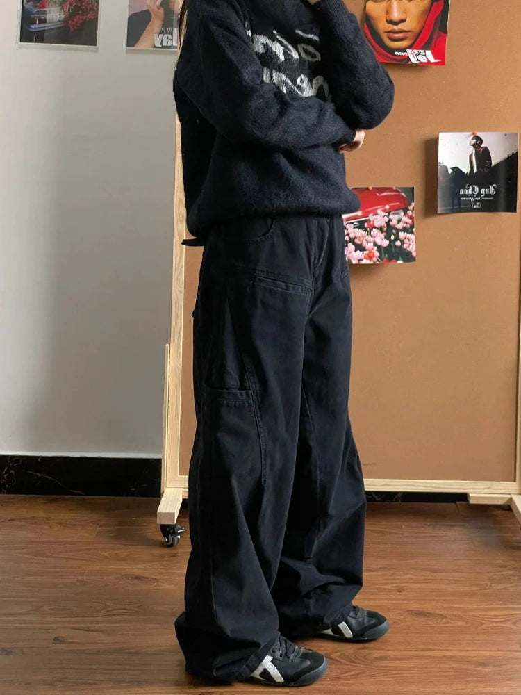 Boyfriend Jeans for Women Streetwear Baggy Vintage Balck Wide Leg Denim Trousers Harajuku Causal Straight Cowgirl Pants
