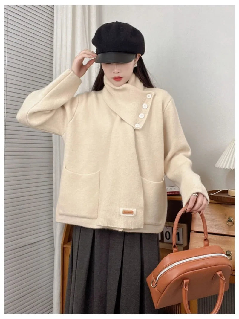 Sweet Hot Girl Christmas Detachable Scarf Knitted Cardigan Women's Fall/winter Loose Longsleeved Sweater Fashion Female Clothes