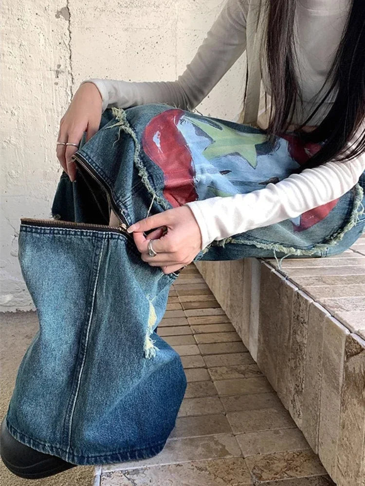 Blue Washed Cargo Jeans Women Ripped Wide Leg Denim Pants Zipper Oversized Streetwear Y2k Hip Hop Graffiti Baggy Bottoms