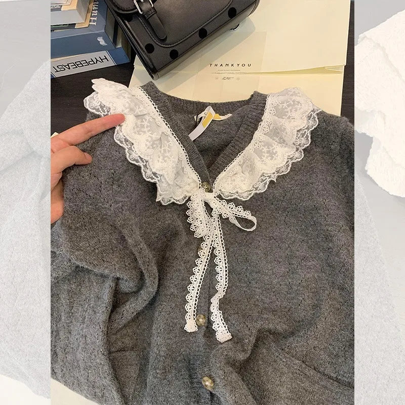 Sweet Fashion Kawaii Sweater Gray Lace Doll Neck Knit Cardigan Women's Clothing Autumnwinter Soft Lazy Vneck Coat