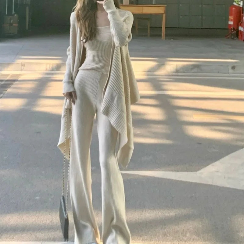 Autumn Winter Solid Knitted 3piece Set Women Tank Top Long Pants Cardigan Sweater Pullover Korean Fashion Casual Outfits New