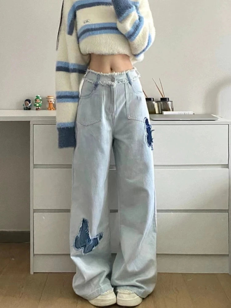 Blue Jeans Plus Size Women Y2k Fashion Loose Butterfly Patchwork Causal High Waist Denim Pants Streetwear Retro Bottoms