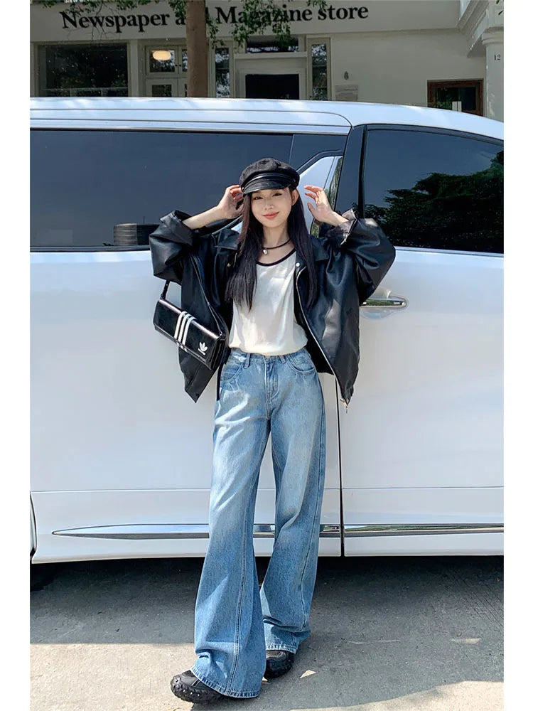 Woman Streetwear Jeans Preppy Style Denim Korean Pants Trousers Pockets Sweatpants Zipper Cargo Pants Wide Leg Bell Bottoms