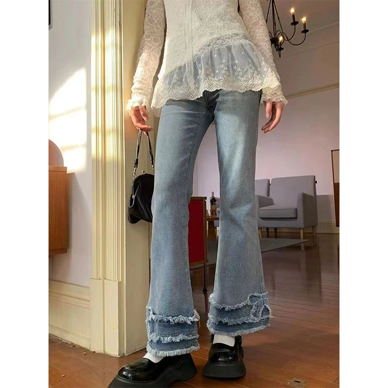 Y2K 2000S Flare Jeans Women Japanese Vintage Bow Patchwork Denim Pants Summer Korean High Waist Slim Chic Straight Trousers New