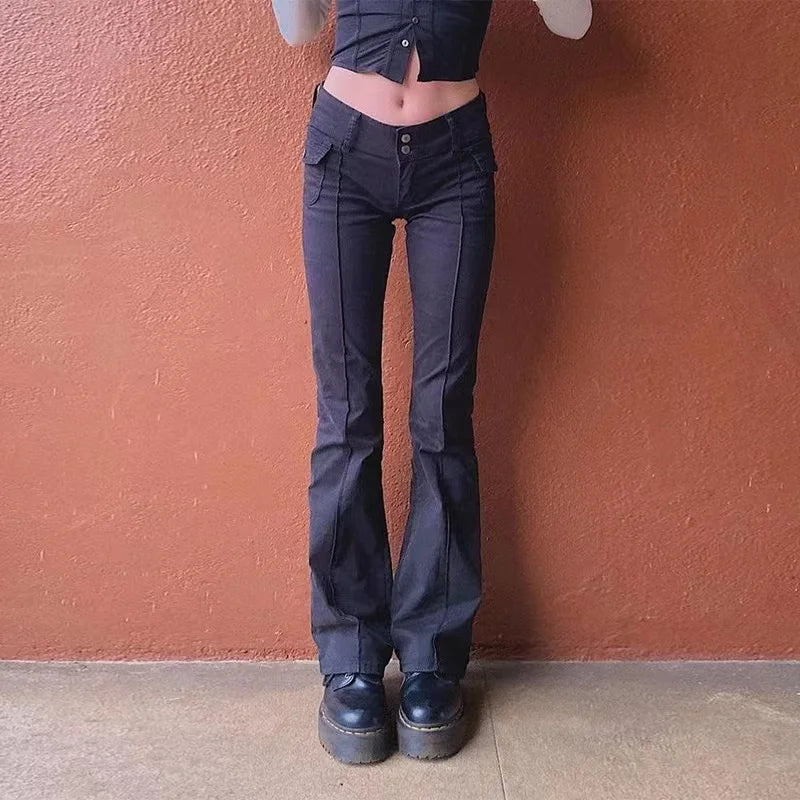 Y2K Brown Flared Jeans Solid Color Pocket Kawaii Trousers Low Waist Aesthetic Jogging Pants Women's Casual Basics
