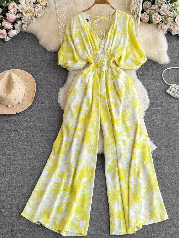 Women Elegant Print Puff Sleeve V Neck Jumpsuits Summer New Fashion High Waist One Piece Female Casual Straight Wide Leg Pants