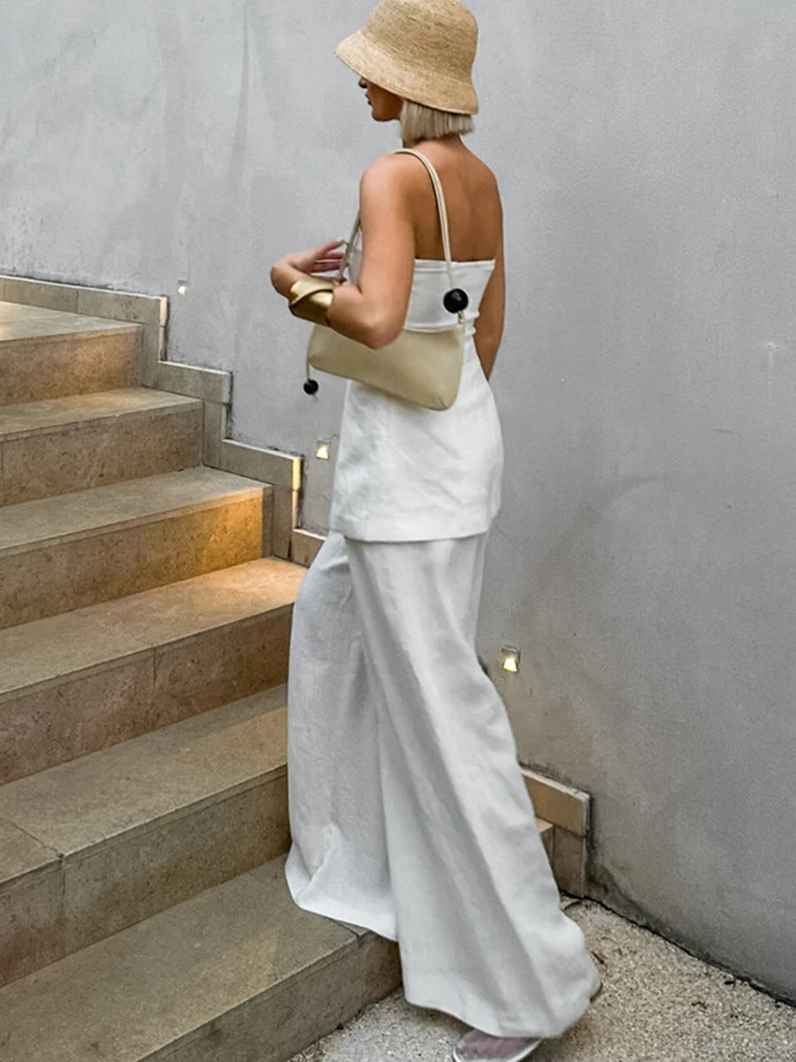 White Simple Wide Leg Pants Sets Women Summer New Off Shoulder Sleeveless Tube Tops Streetwear Fashion Casual Pants 2 Piece Set