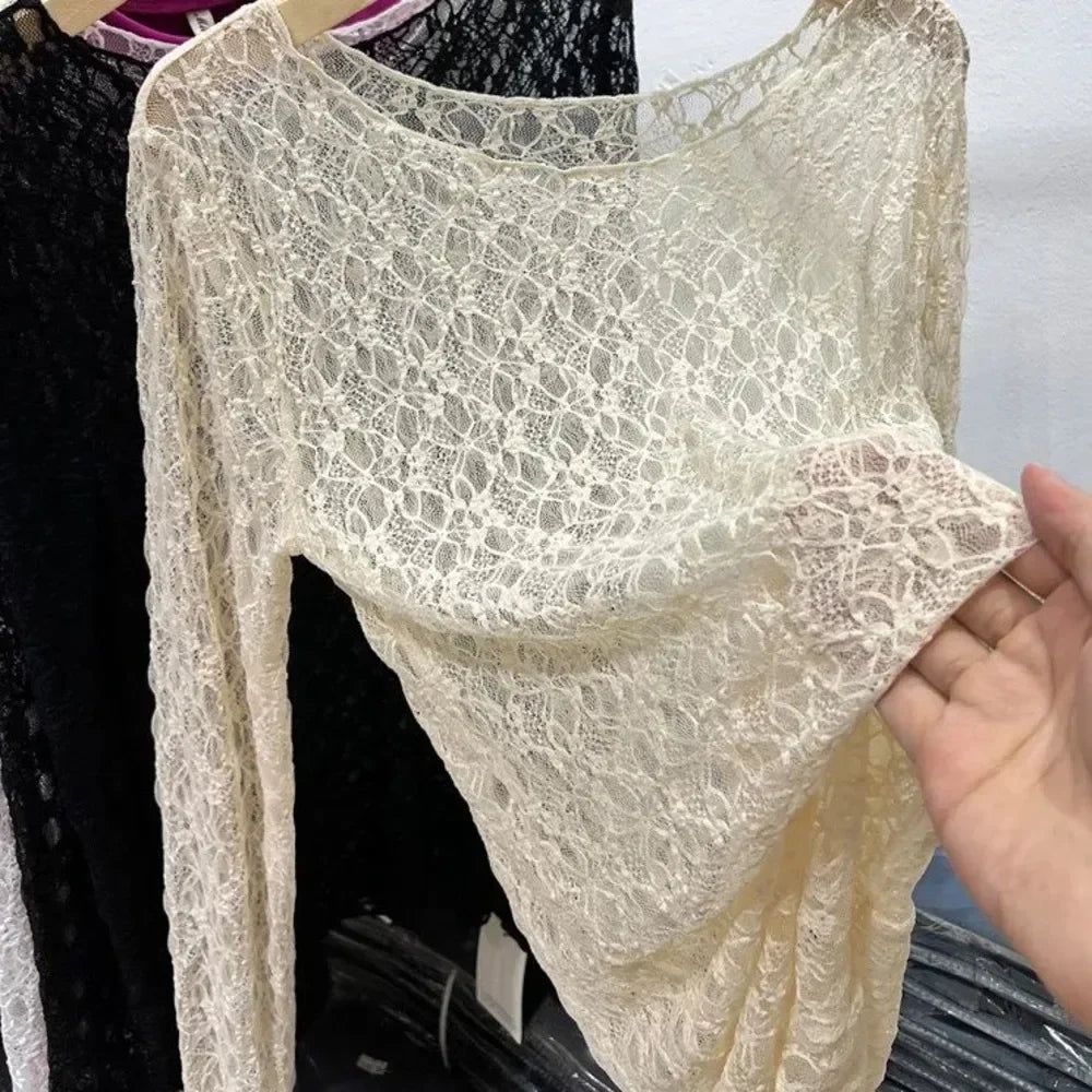 Women Lace Mesh High Collar Bottom T-shirts Female Long Sleeve Autumn Casual Style Tight Thin Tops T-shirts Women Clothes