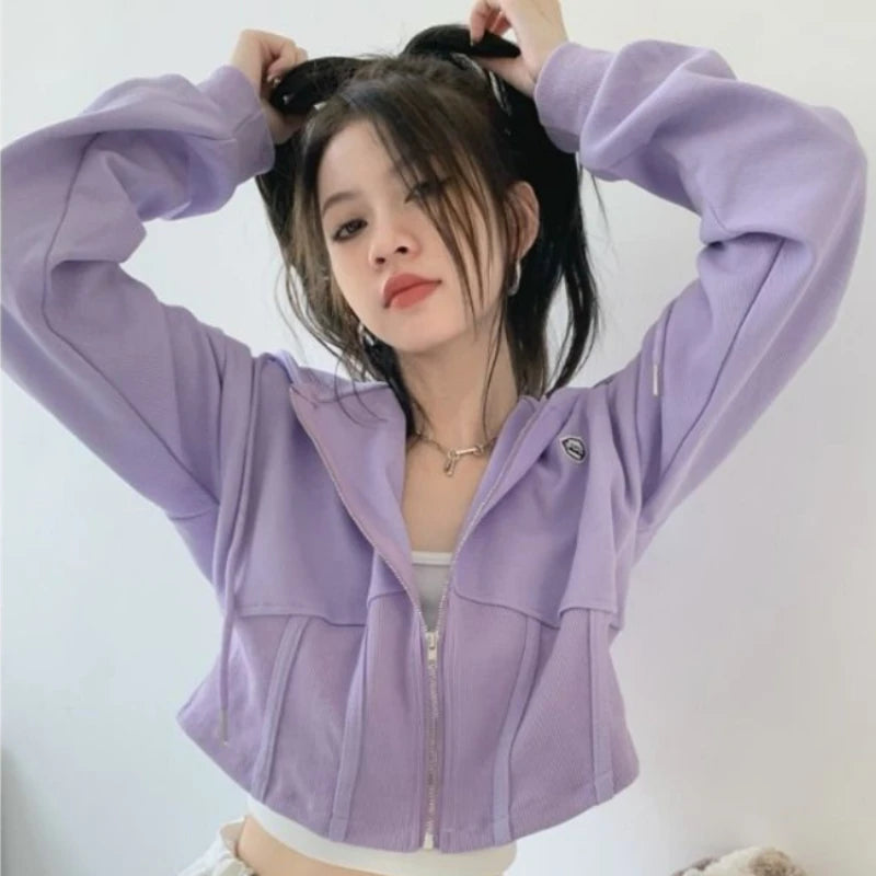 Women Zip Up Sweatshirts Casual Slim Korean Style Cropped Hoodies Female Sweet Basic Fashion Sportswear