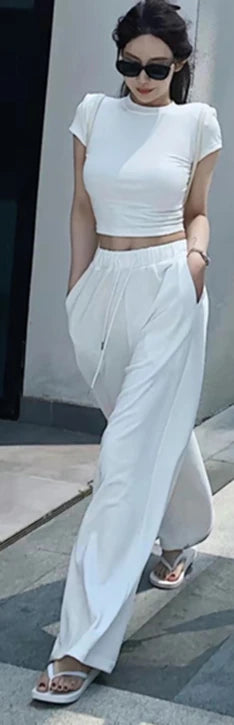 Sweet Hot Girl Casual Suit Women's Summer Slim Fit Oneck Shortsleeved Tshirt Wide Leg Long Pants Twopiece Set Female Clothes