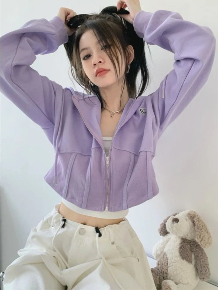 Women Zip Up Sweatshirts Casual Slim Korean Style Cropped Hoodies Female Sweet Basic Fashion Sportswear