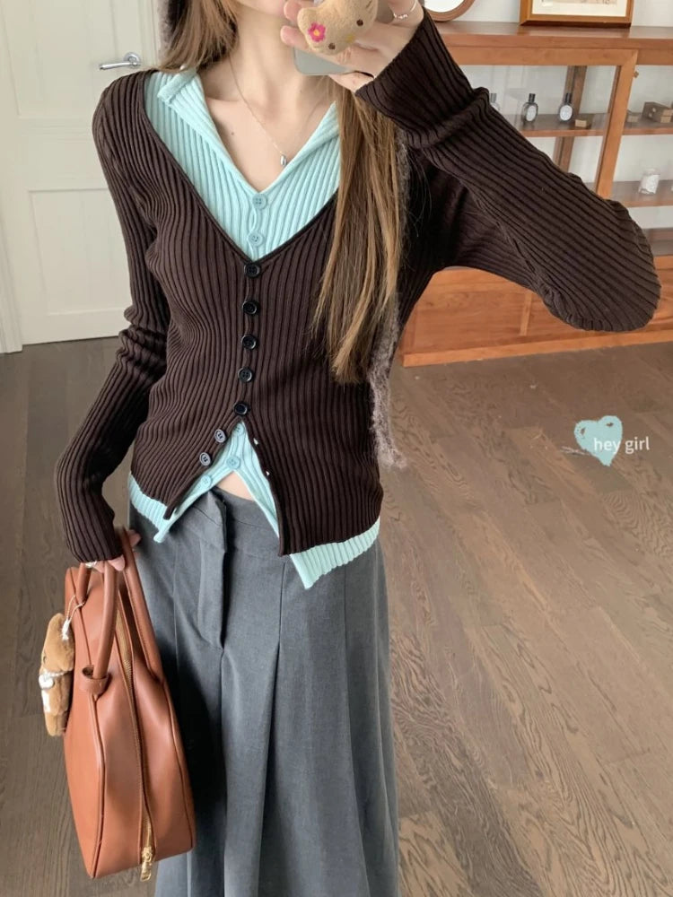 Y2K Brown and Mint Green Fake Two Pieces Knitwear Slim Button Up Cardigan Autumn Winter Ribbed Sweater Women Korean Chic