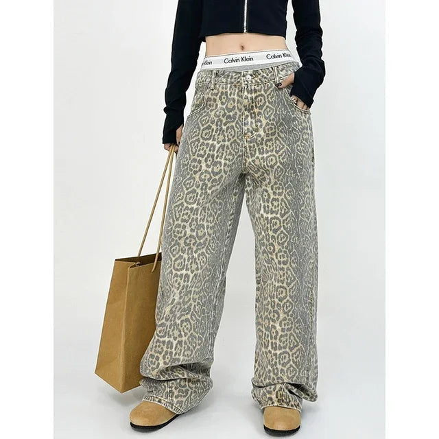 American Retro High Street Casual Overalls Leopard Print Loose Wide Leg Pants For Women Y2k Hiphop Cargo Grunge Baggy Trousers
