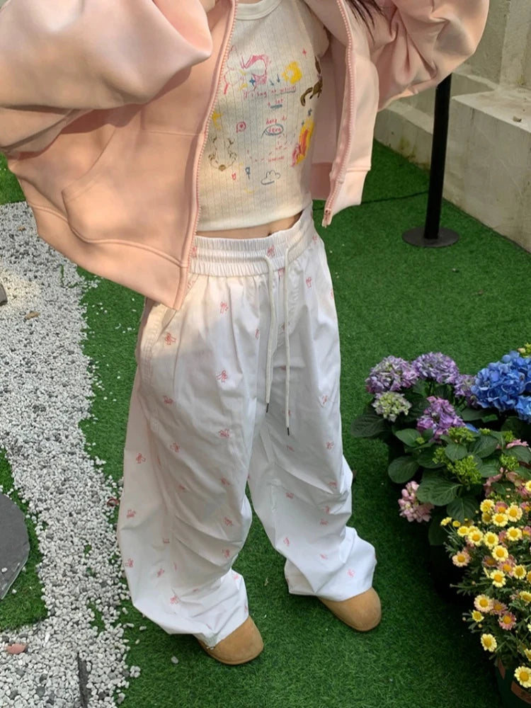 Y2k Parachute White Jogger Pants Women Baggy Bow Printed Sweatpants Hip Hop Streetwear Fashion Slouchy Sporty Bottoms