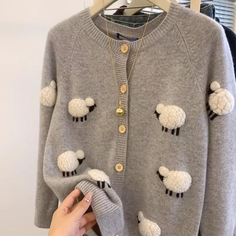 Sweet Hot Girl Threedimensional Lamb Knitted Cardigan Women's Autumnwinter Thickened Oneck Longsleeved Loose Sweater