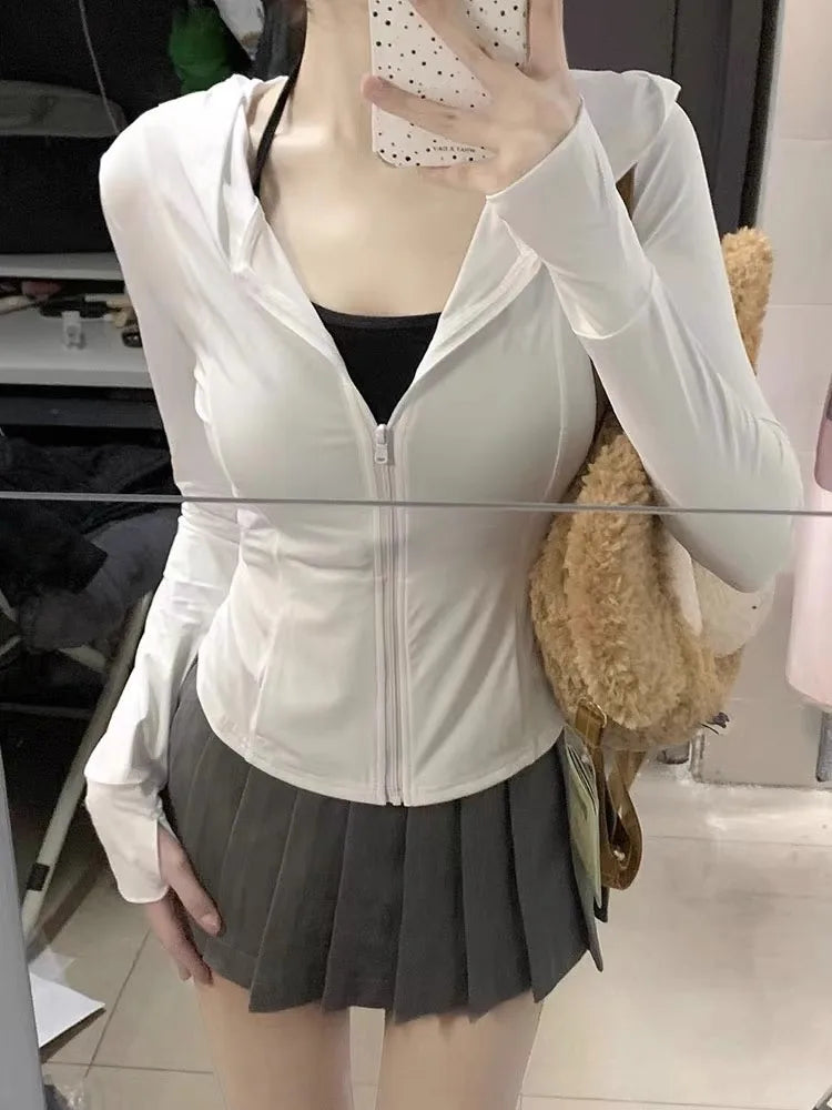 Sweet Pink Ice Silk Sun Protection Coat Women 2024 Summer Slim Fit Zipper Cardigans Y2k EGirl Long Sleeve Jackets Mujer