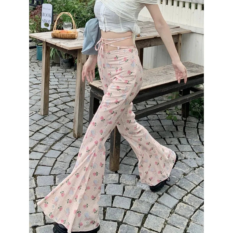 2024 Summer Vintage Korean Retro High Street Print Laceup Waist Trousers Streetwear Fashion Flare Pants