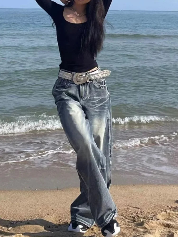 Y2k Vintage 90s Streetwear High Waist Wide Leg Pants American Retro Grunge Hip Hop Oversized Baggy Denim Pants 2024