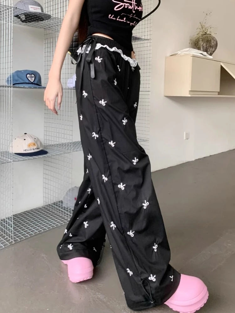 Y2k Coquette Bow Embroidery Wide Leg Pants Women Korean Style Kawaii Sweet Lace Patchwork High Waist Loose Pants Y2k