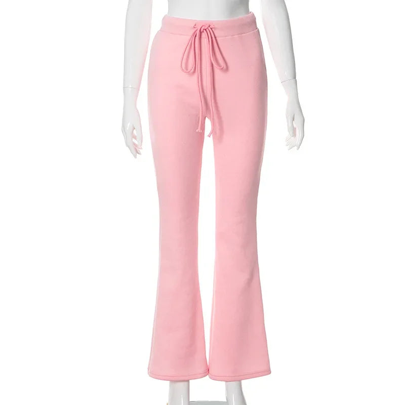 Winter Pink High Waist Wideleg Pants Casual Loose For Women Drawstring Long Pants Y2k Street Straightleg Pants