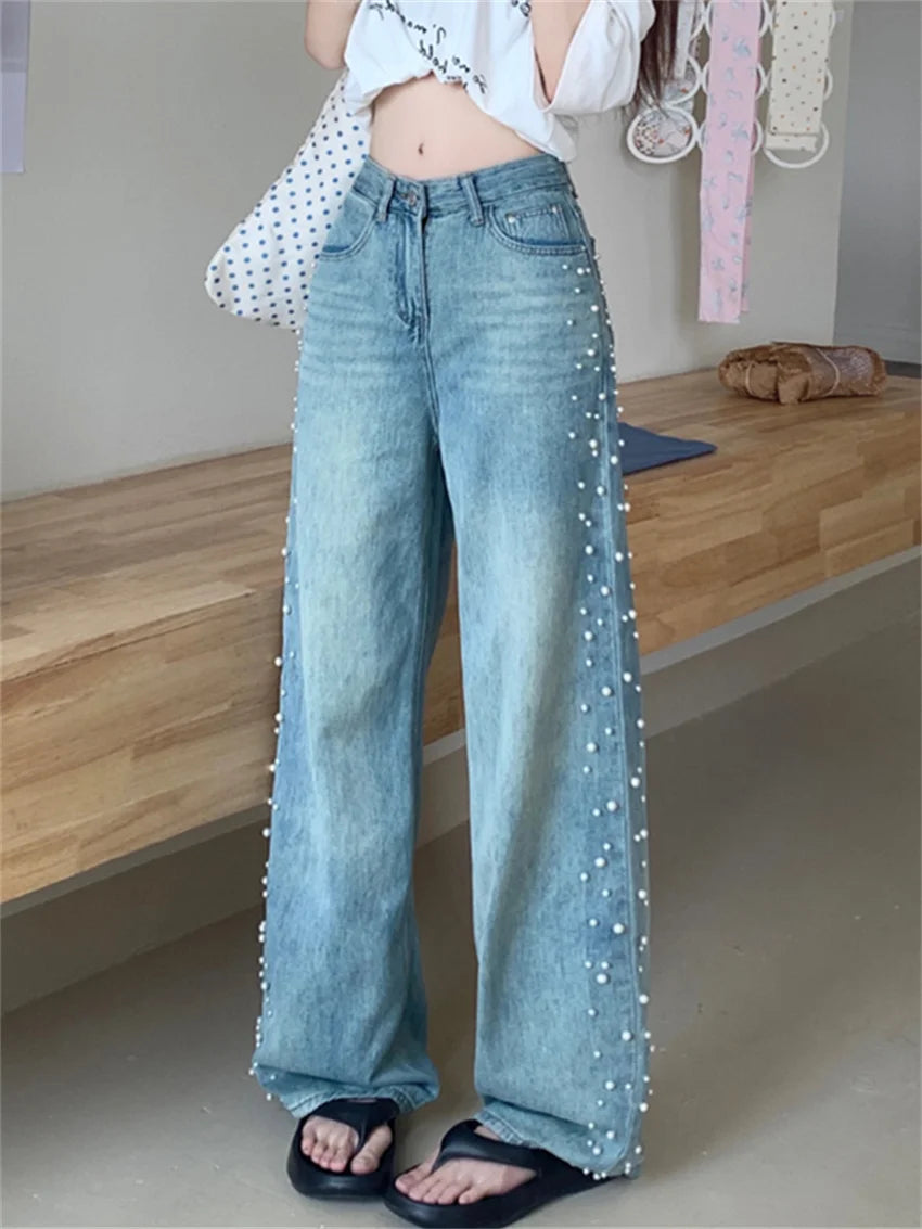 Summer Straight Jeans Women Pearls Wide Leg Mopping Light Washed High Waist Streetwear New Denim Casual Pants