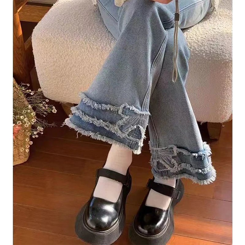 Y2K 2000S Flare Jeans Women Japanese Vintage Bow Patchwork Denim Pants Summer Korean High Waist Slim Chic Straight Trousers New