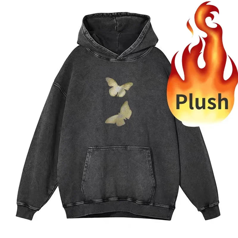 Butterflies Print Black Hoodie Women Streetwear Harajuku Oversized Pullover Sweatshirts Maillard Reaction Cotton Clothes