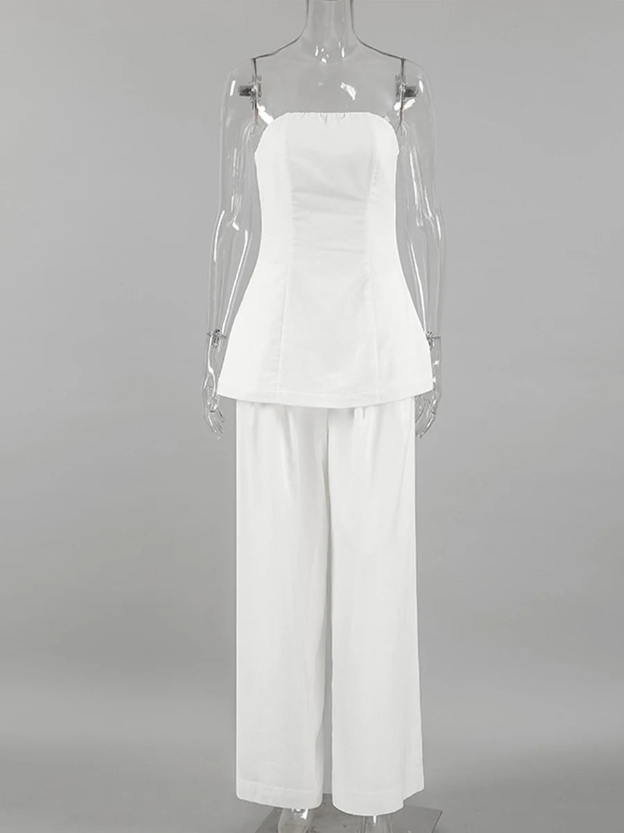 White Simple Wide Leg Pants Sets Women Summer New Off Shoulder Sleeveless Tube Tops Streetwear Fashion Casual Pants 2 Piece Set