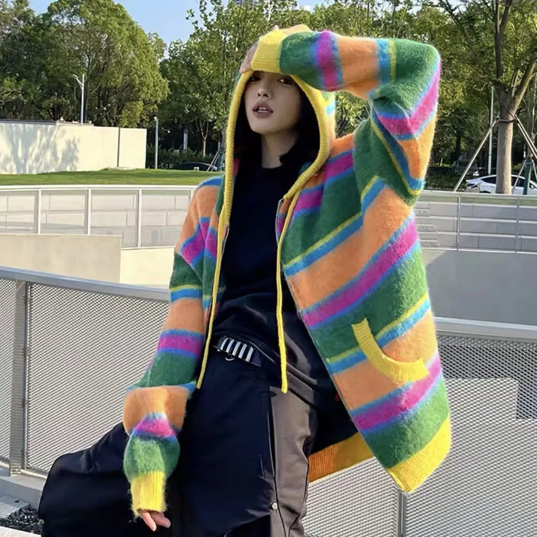 Women Retro Rainbow Striped Knitted Sweater Cardigan 2024 Color Blocked Casual Versatile Autumn Winter Hooded Jacket