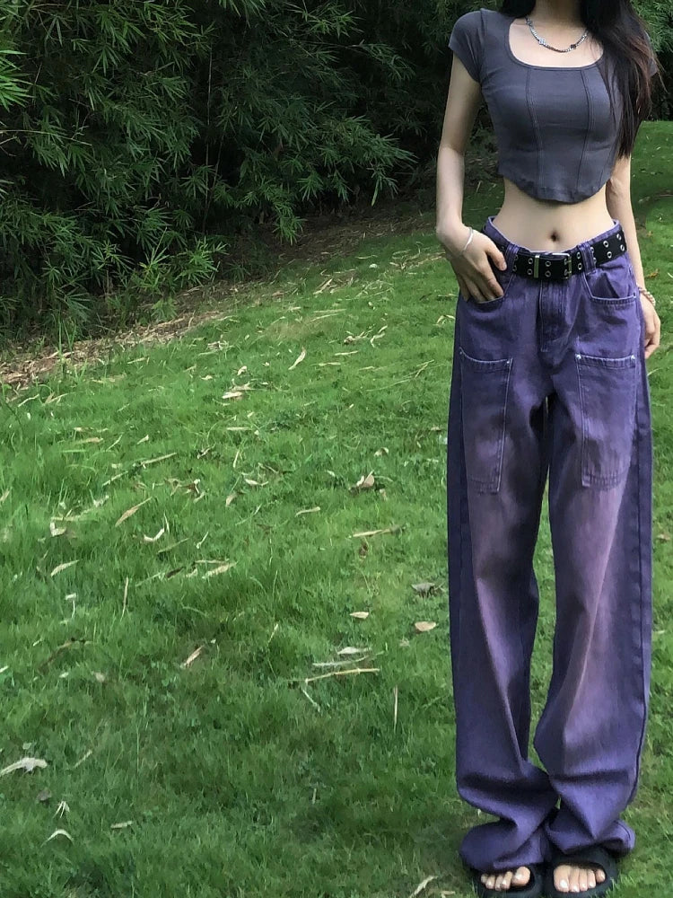 Woman Aesthetics Jeans American Style Denim Gyaru Pants High Street Tide Vintage FloorLength Wide Leg Straight Leg Tiedyed