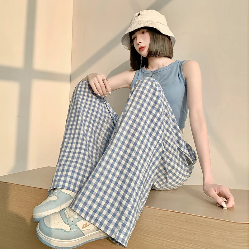 Thin High Waisted Women's Checkered Black and White Wide Leg Pants, Casual Elastic Floor Length Pants, Retro Loose and Versatile