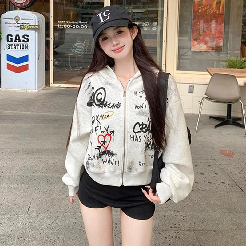 Y2K Vintage Hooded Sweatshirt Women Spring New Letter Print Zipper Jacket American Retro Streetwear Crop Tops Female Coat