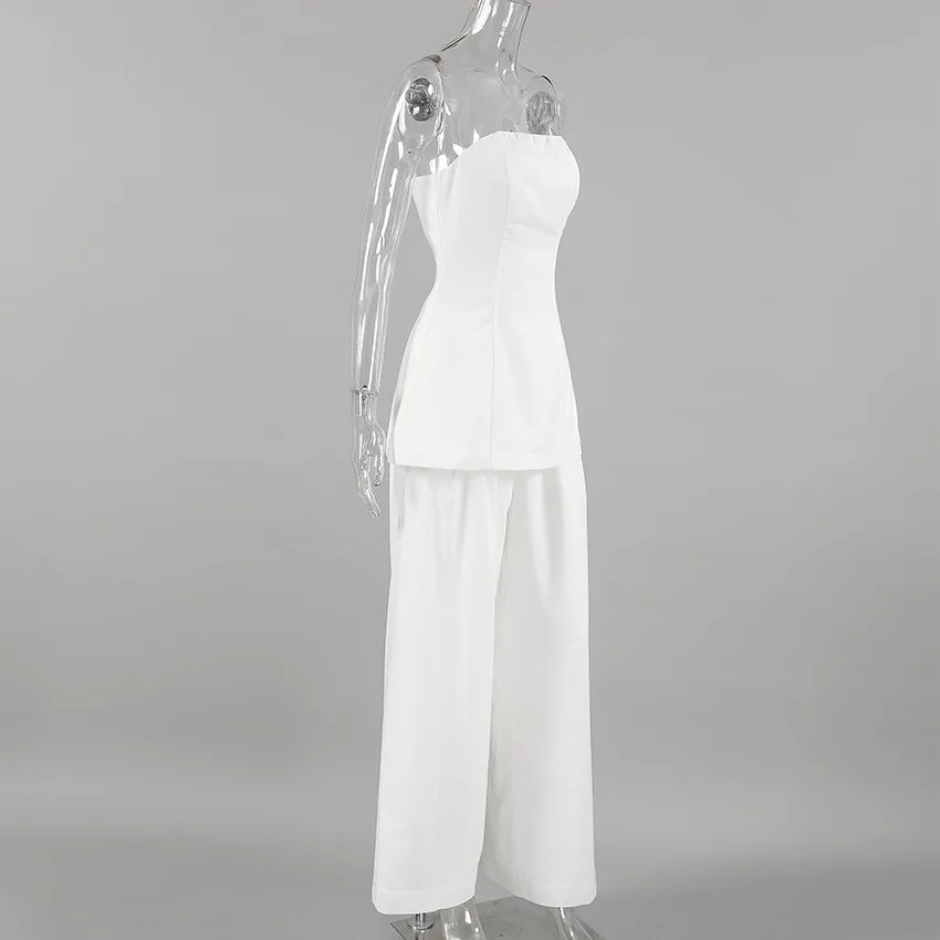 White Simple Wide Leg Pants Sets Women Summer New Off Shoulder Sleeveless Tube Tops Streetwear Fashion Casual Pants 2 Piece Set
