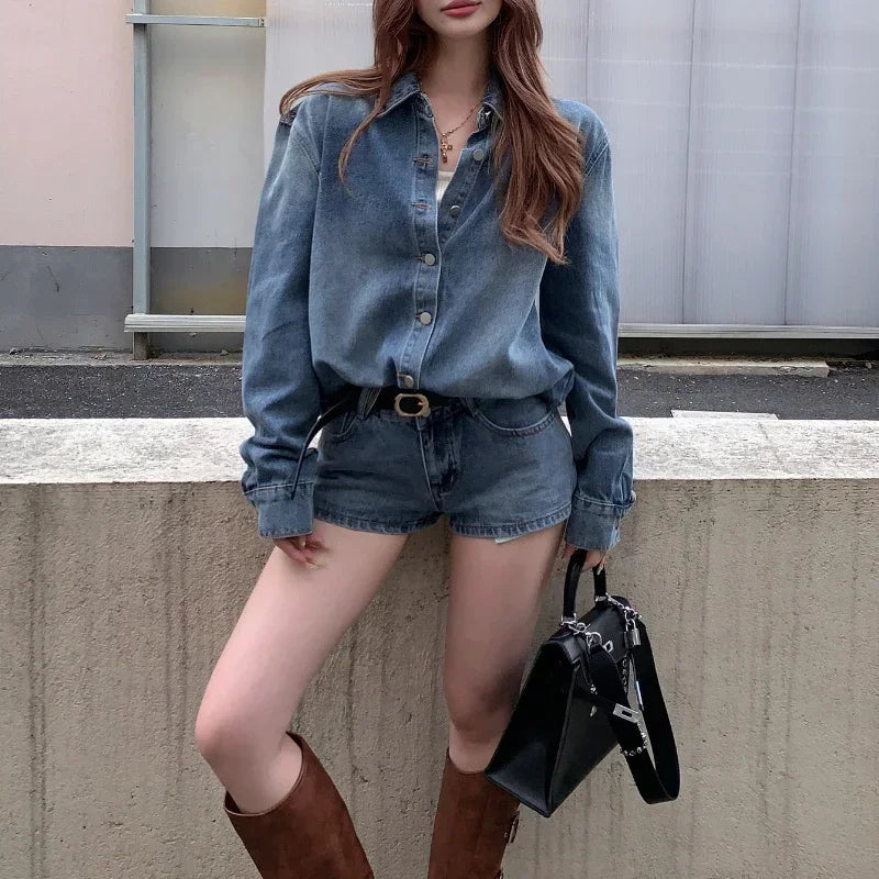 Autumn New Streetwear Washed Distressed Denim Loose Longsleeved Shirt Women + Casual Straight Pants Twopiece Suit