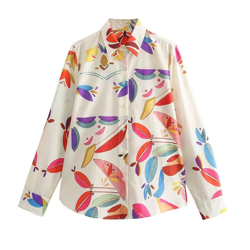 Women Spring Fashion Suit Vintage Printed Lapel Long Sleeves Single Breasted Shirts Female Elastic Waist Wide Leg Pants