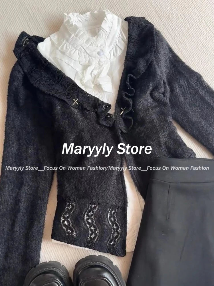Autumn Y2k Gothic Women Outfits Long Sleeve Cardigan Coat + Ruched Hollow Out Shirts+ Lace High Waist Mini Skirts 3 Piece Sets