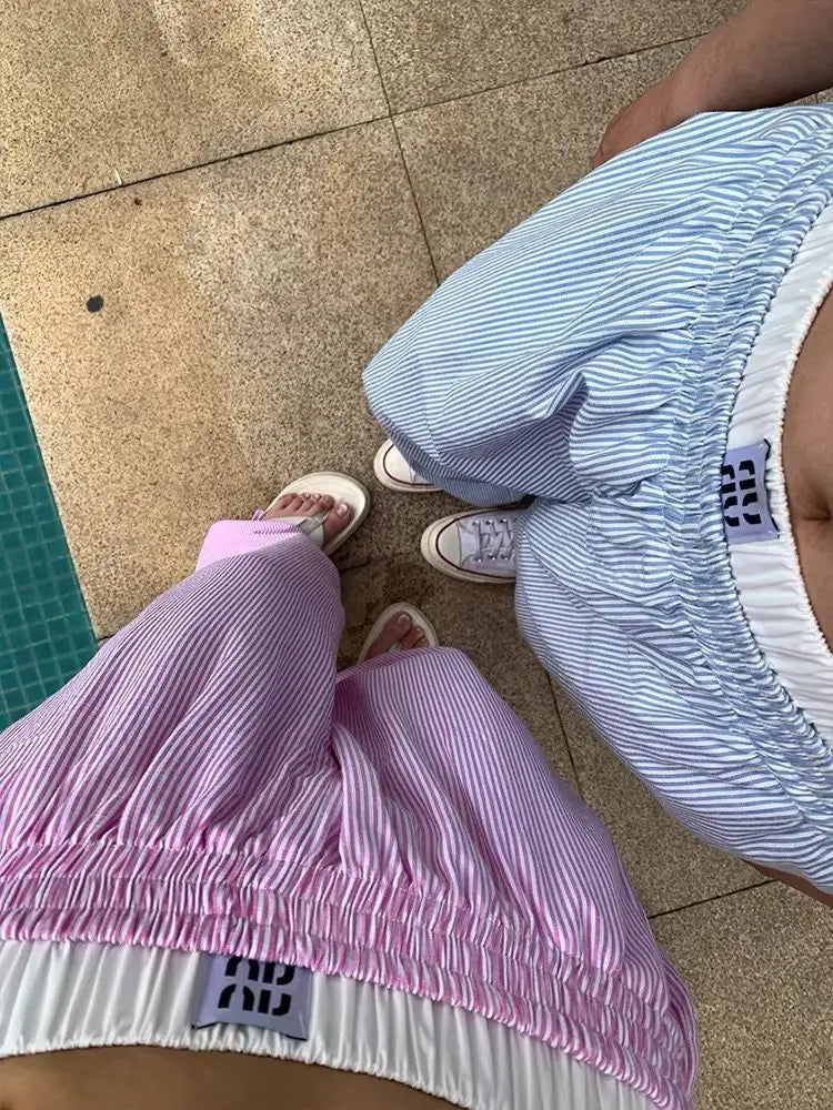 Summer Striped Pants Women Fashion Casual Wide Leg Pants Harajuku Patchwork Fake Two Pieces Trousers Korean Streetwear