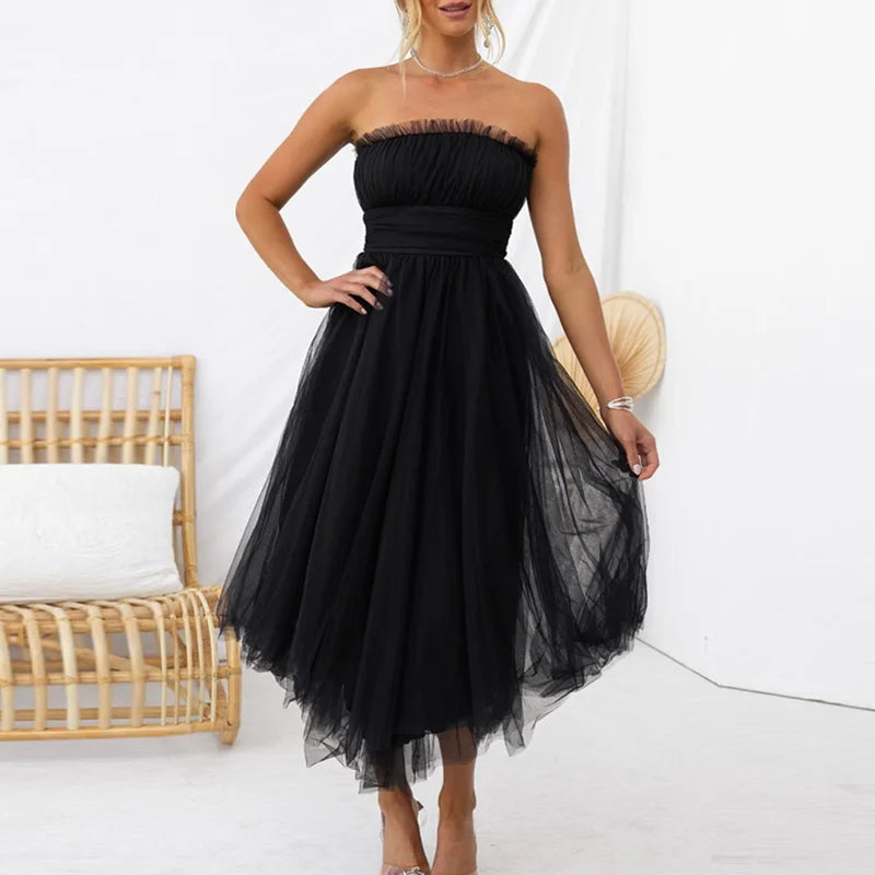Women Fashion Bralette Mesh Long Dress Summer Elegant Hight Waist Solid Princess Dress Casual Sleeveless Party Evening Dresses