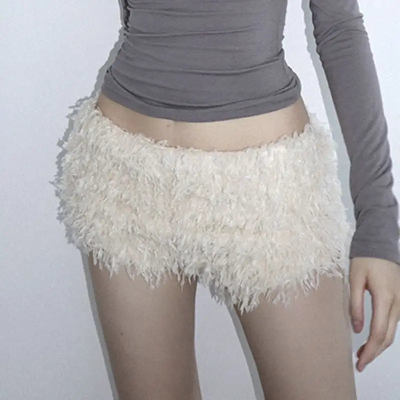 White Sweet Knitted Furry Super Mini Shorts for Women Winter Warm Low Waist Hot Pants Women Sexy Wrap Hip Slimming Leggings