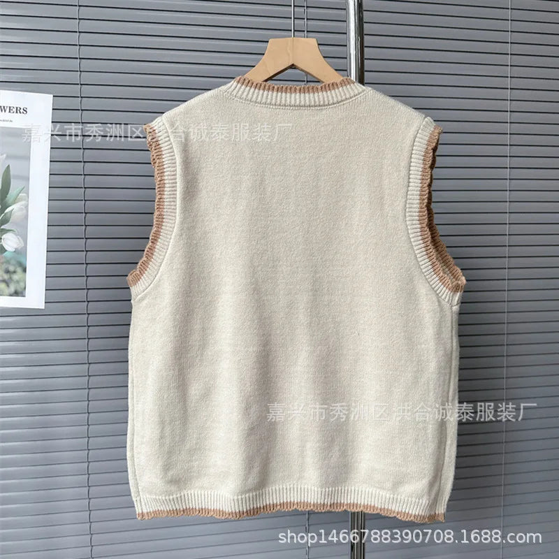 Autumn New Vintage Sweater Vest Women Chaleco Mujer Japanese Loose Cardigan Waistcoat Sweet Wave Point Knitwear Top