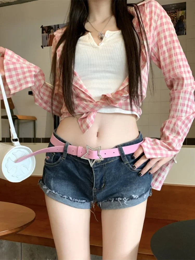 Y2k Pink Plaid Women Shirts Check Graphic Long Sleeve Blouses Female Spring Autumn Sexy Slim Button Up Cardigan Chic Ins