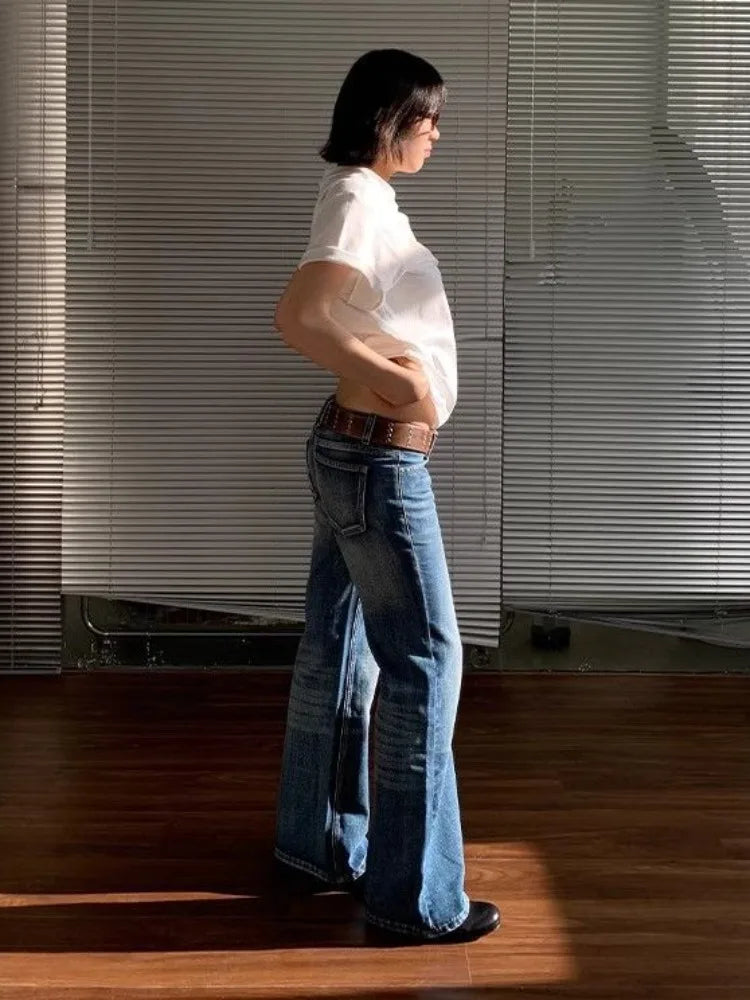American Retro High Street Spicy Girls Low Waist Jeans Women Vintage Y2k Harajuku Baggy Solid Slim Denim Flared Pants