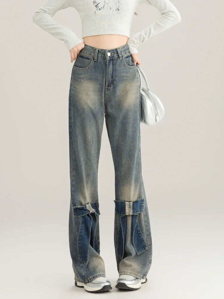 Blue Flared Jeans Women Kawaii Wide Leg Pants with Bow Korean Style Spring Fashion Cutecore High Wasit Denim Trousers