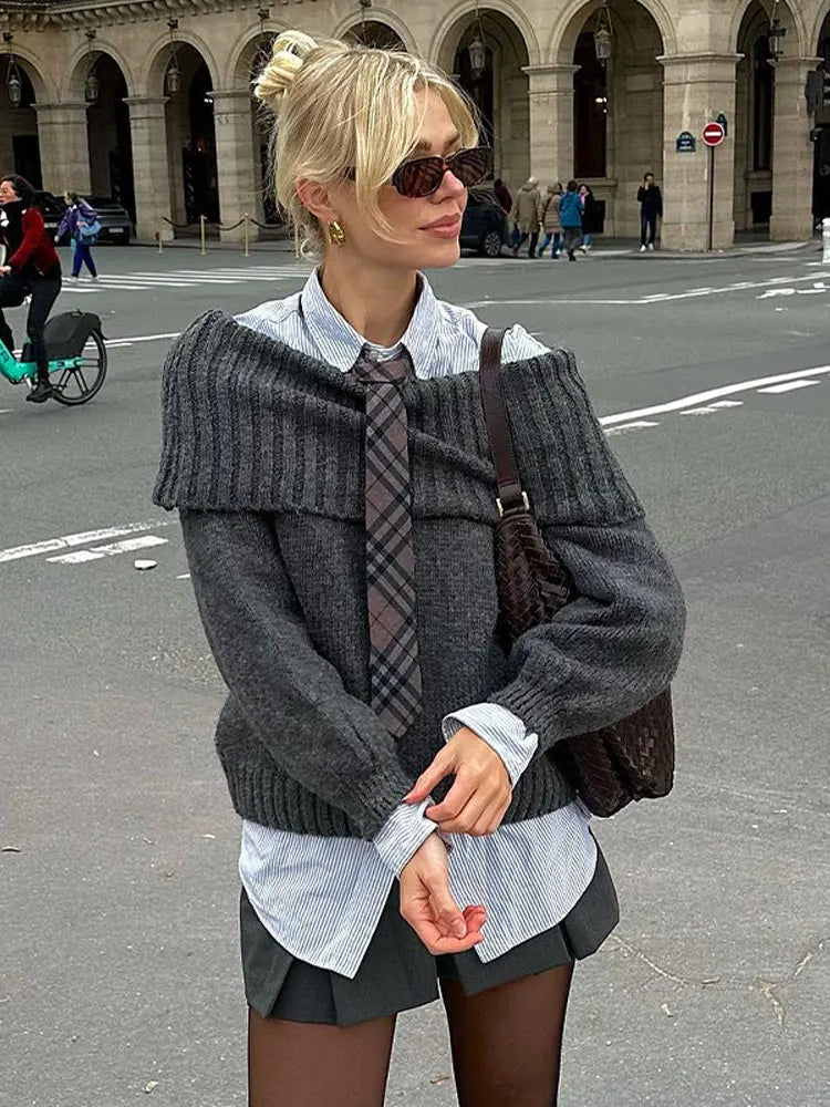 Women Off Shoulder Cropped Knitted Pullover Fashion Slash Neck Long Sleeve Female Sweater Elegant Autumn Lady Loose Jumpers Knit
