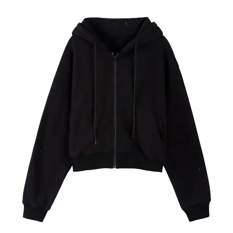 autumn spring women's Zip up hoodies pockets slim crop top women jacket female clothes drawstring white sexy hoody cotton coats