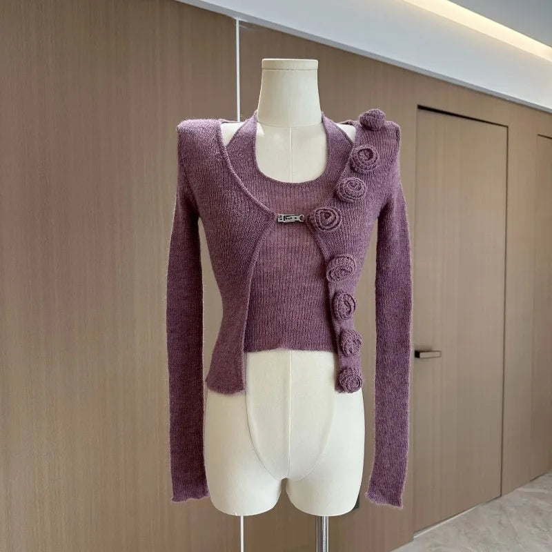 Sweet Hot Girl Pure Sexy Suit Women's Autumn and Winter Knitted Cardigan Short Slimfit Halter Vest Twopiece Set Female Clothes
