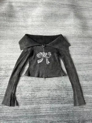 Bow Print Offshoulder Knitwear Gradient Cardigan Sweater Zipper Maillard Style Fairy Grunge Long Sleeve Top Y2k Clothes