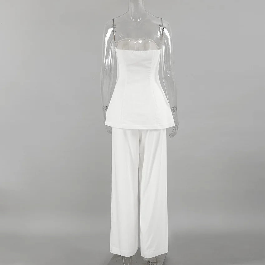 White Simple Wide Leg Pants Sets Women Summer New Off Shoulder Sleeveless Tube Tops Streetwear Fashion Casual Pants 2 Piece Set